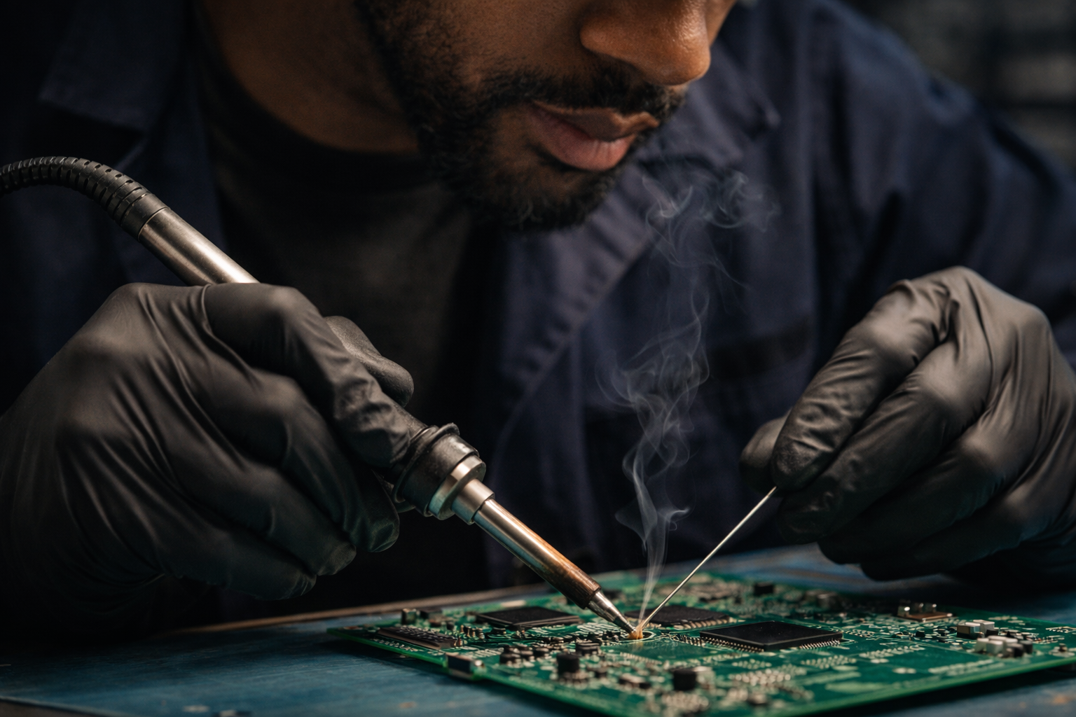 Técnico mexendo em placa eletrônica